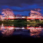 水鏡に桜と列車が映る幻想的な春の夜（飯給〈いたぶ〉駅）